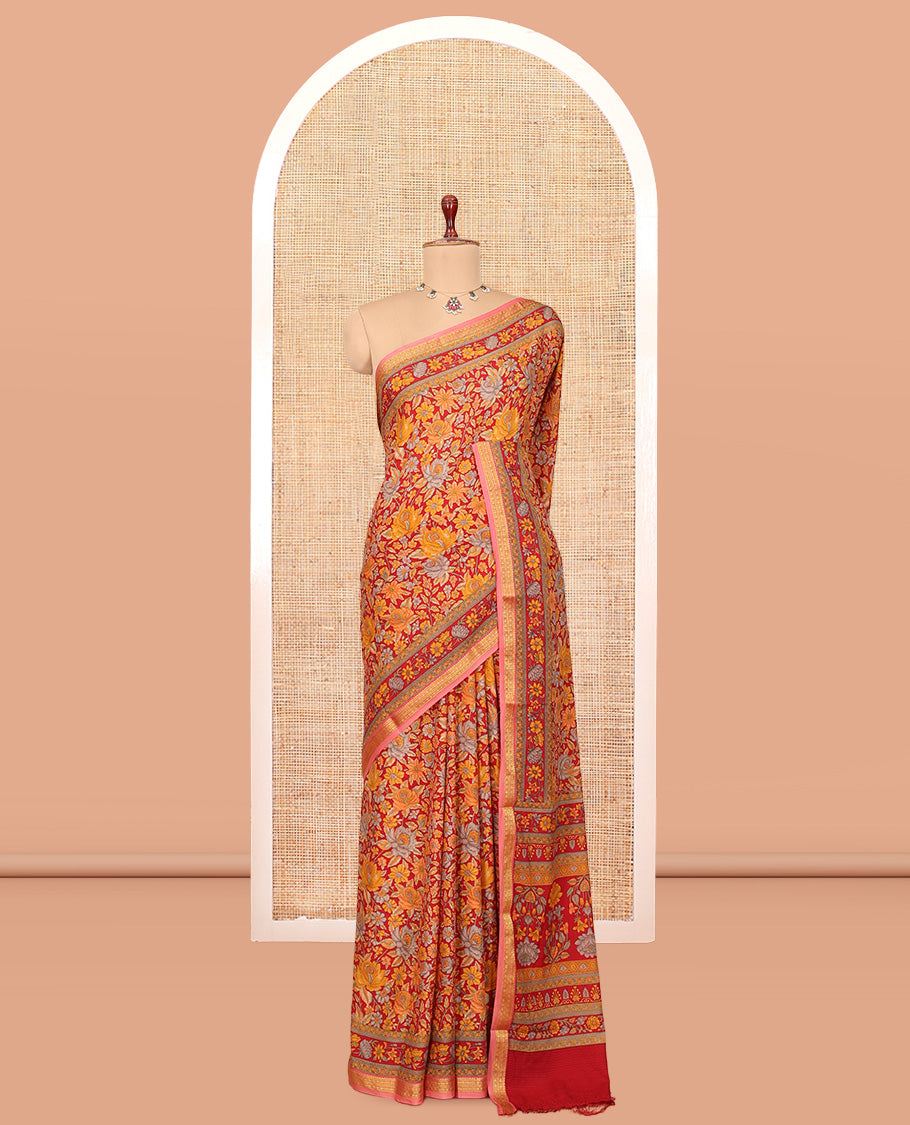 Red Printed Silk Saree, Ornamented with Floral Vine Print, a Contrast Traditional Zari Border, Floral Pallu, and a Matching Blouse
