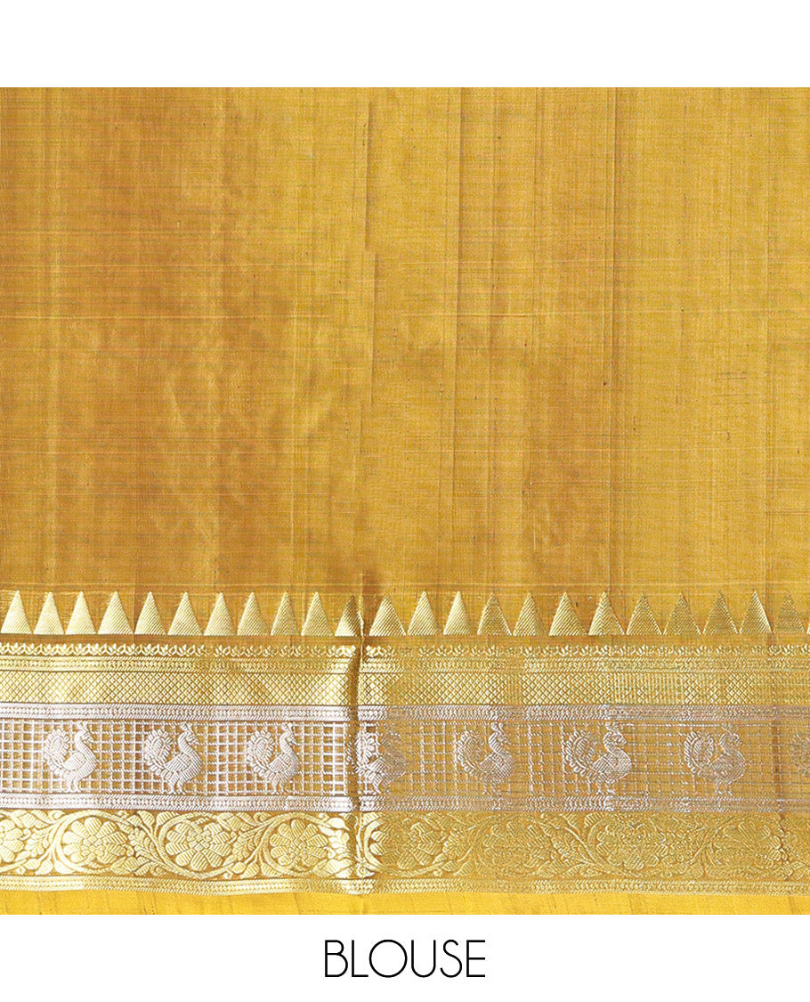 Green Venkatagiri Silk Saree,  Detailed with Zari Buttas All Over Its Body, Complemented by a Contrast Traditional Zari Design Border, Grand Jaal Pallu, and Paired with a Contrast Blouse