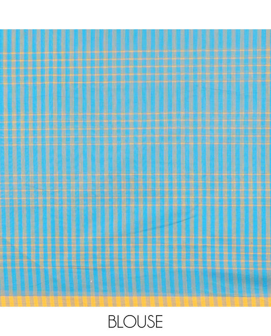 Blue checked design khadi cotton saree with contrast striped border & checked design pallu
