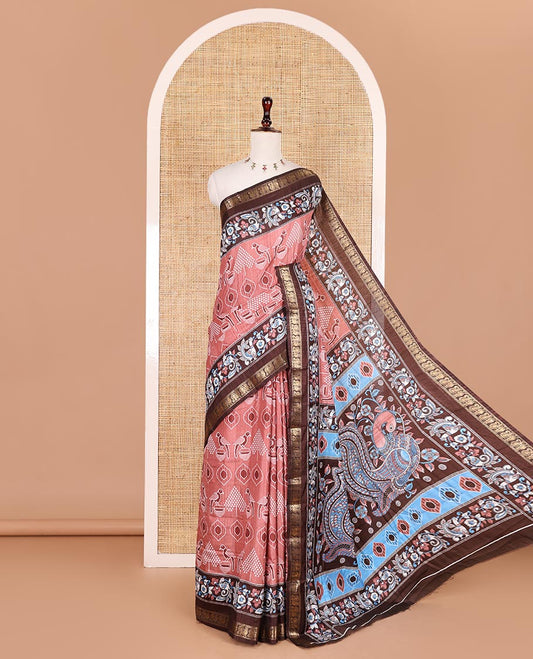 Peach pochampally ikkat parrot motifs printed dola silk saree, contrast border of kalamkari printed with zari work, kalamkari peacock printed pallu, and contrast zari design blouse