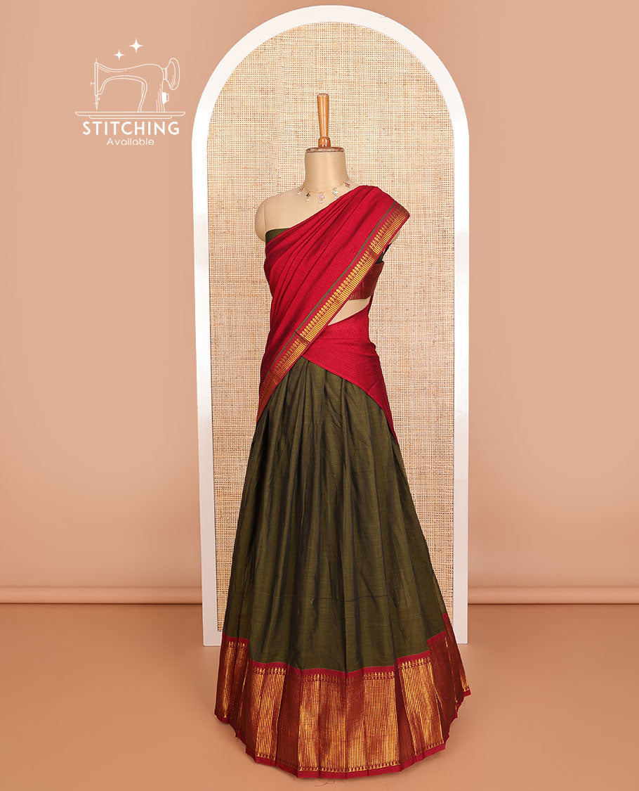Olive green cotton half saree with contrast traditional zari design border, zari design blouse & plain, zari design border dhavani