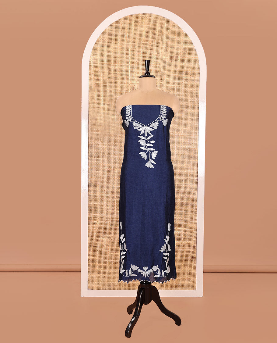 Navy Blue Material Churidar Set, Detailed with Floral Motifs Sequins-Thread Embroidered on Its Vichitra Silk Top, Comes with a Contrast Santoon Bottom, and Paired with a Vichitra Silk Floral Embroidered Scallop Dupatta