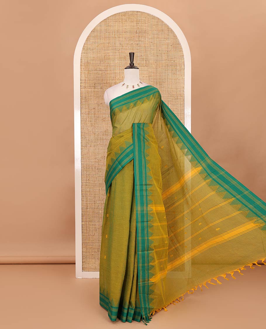 Mehendi green thread buttas Chettinad cotton saree, contrast temple striped thread border, striped pallu & plain blouse