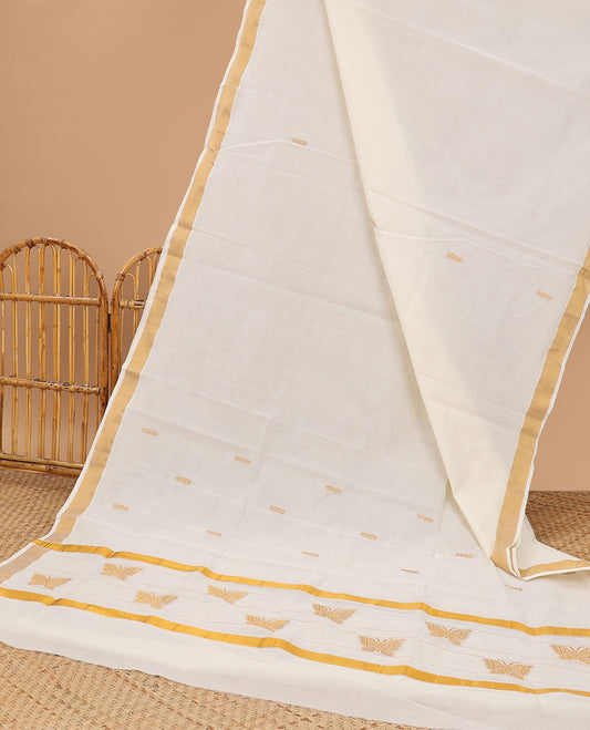 Cream kerala saree, zari border & pallu of butterflies in zari