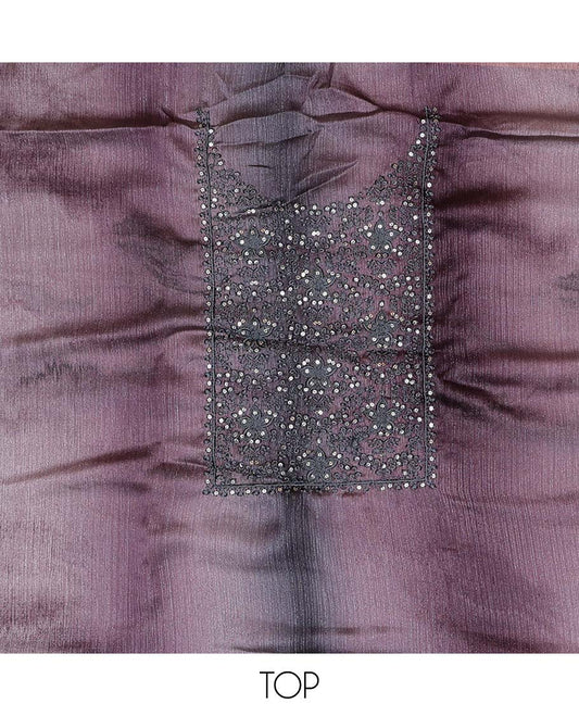 Violet chudidhar material set floral thread embroidered top, with plain bottom & floral motifs thread embroidered dupatta