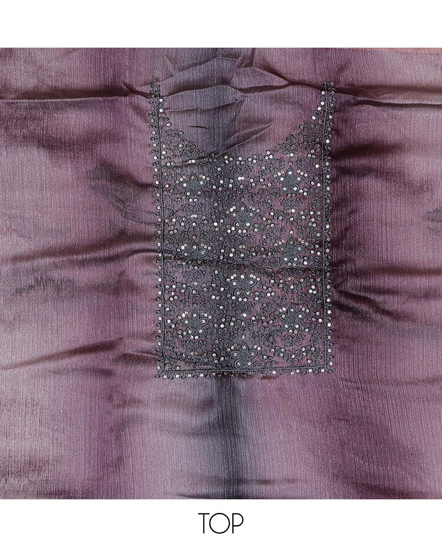 Violet chudidhar material set floral thread embroidered top, with plain bottom & floral motifs thread embroidered dupatta