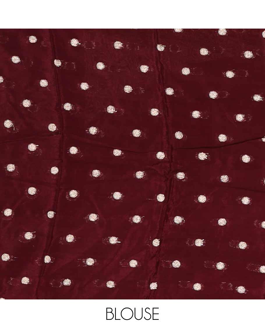 Purple plain crepe saree, zari border steeped with rose floral designs, plain pallu & blouse of zari polka dots