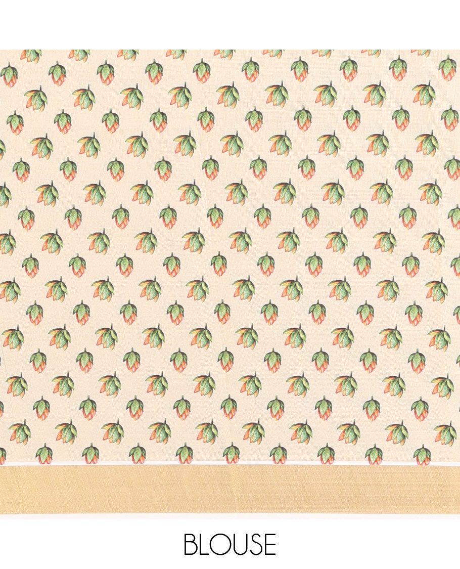 Cream Kerala Cotton Saree, Adorned with Pichwai Lotus Print, a Zari Border, Pichwai Lotus-Printed Pallu, and a Matching Blouse