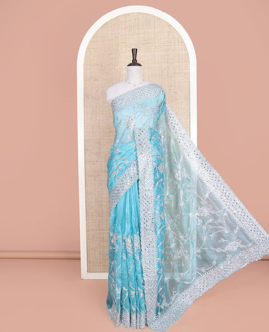Pale Blue Designer Saree, Richly Detailed with Floral-Jaal Style Mixed Embroidery on Its Body, Highlighted by Jaal-Patterned Scallop Embroidered Border, Self-Design Pallu, and Paired with a Heavy Embroidered Matching Blouse