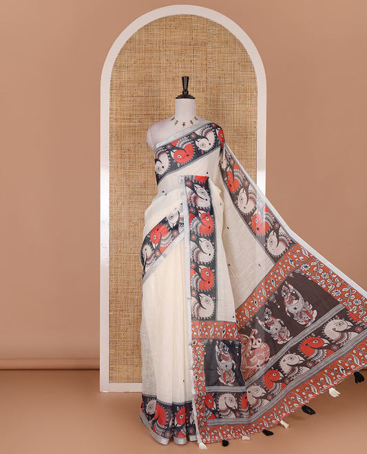 Cream mirror thread embroidered linen saree, contrast kalamkari peacock printed border, pallu of kalamkari peacock and human figurines print, and printed blouse