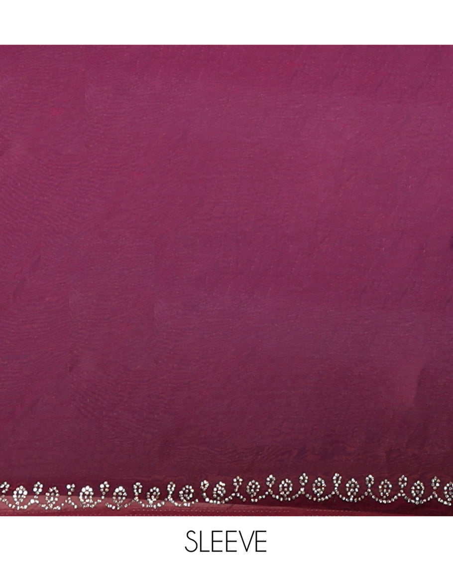 Violet Fendy Chiffon Saree, Highlighted by Swarovski Stone Work All Over the Body, Gleaming Swarovski Stone Work Border, a Self-Pallu, and Paired with a Fancy Designer Blouse