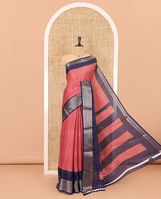 Onion pink horizontal zari striped moss chiffon saree, contrast traditional zari border, striped pallu, and a contrast zari design blouse