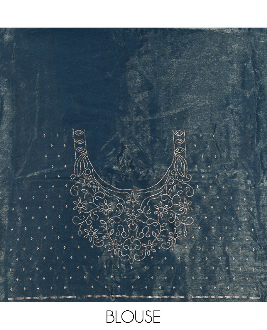 Blue Designer Saree, Beautified with Stonework Buttas, a Scallop Stonework Border, and Matching Blouse