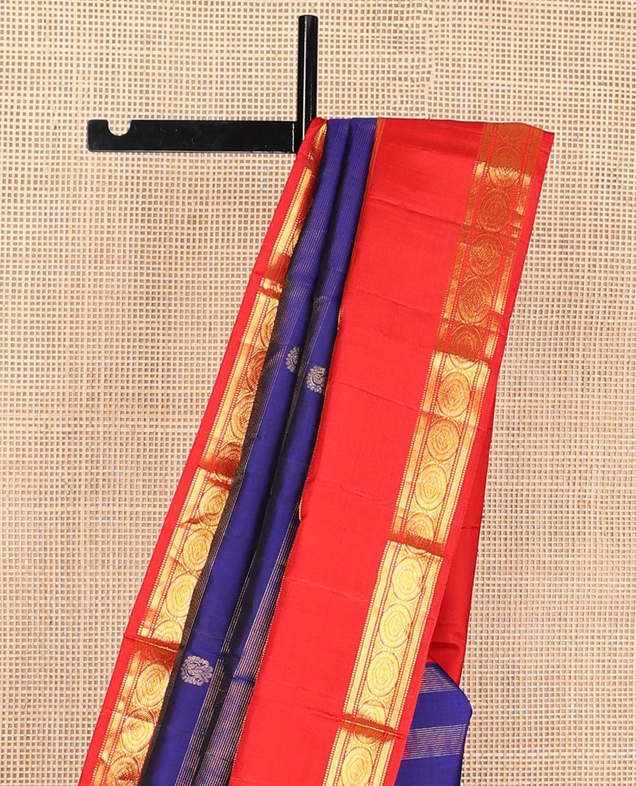 Blue zari stripes, and buttas Kanchipuram korvai silk saree, contrast rettai pettu neer korvai border of thilakam mokku, neli, muthu, kodi visiry, manga, yaanai, and mayil designs, and vanki design pallu