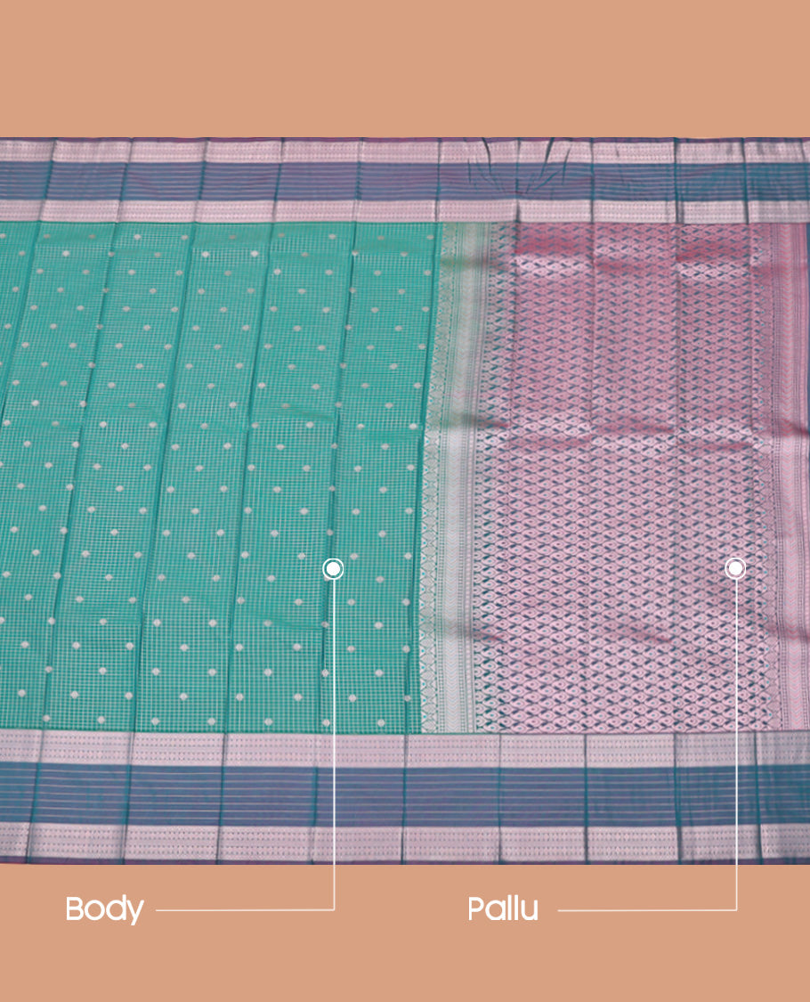 Green Budget Silk Saree, Enriched with Zari Buttas and Checks, Complemented by Contrast Traditional Zari Border, Grand Pallu, and a Contrast Blouse