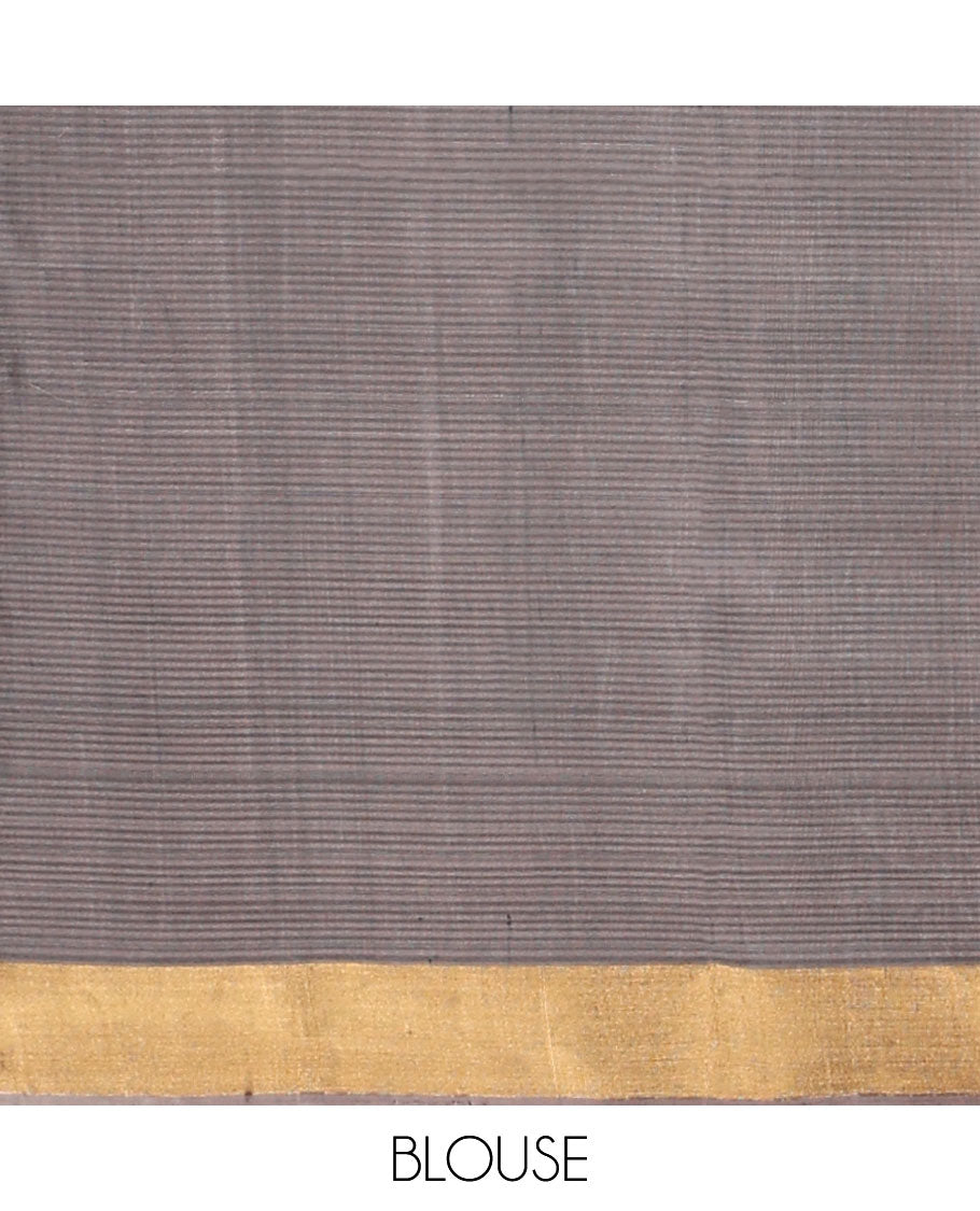 Cream zari buttas soft silk saree, contrast checked border of floral motifs & pallu of floral designs