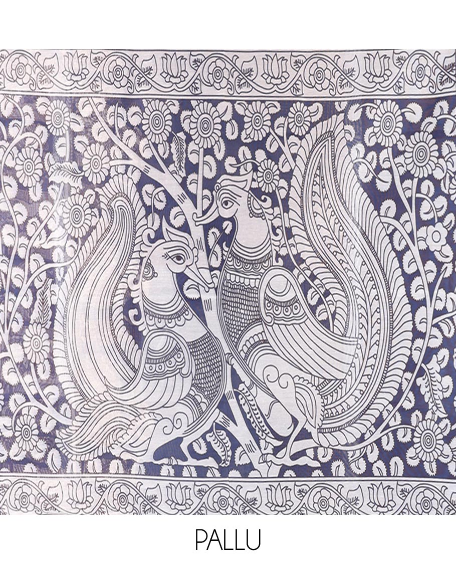 Navy Blue Chanderi Cotton Saree, Elevated with Kalamkari-Style Ancient Human Figurines Printed on Its Body, Subtle Zari Piping Border, Pallu Depicting Kalamkari Peacocks, and Paired with a Matching Blouse