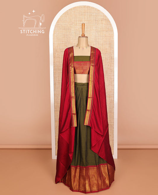 Olive green cotton half saree with contrast traditional zari design border, zari design blouse & plain, zari design border dhavani
