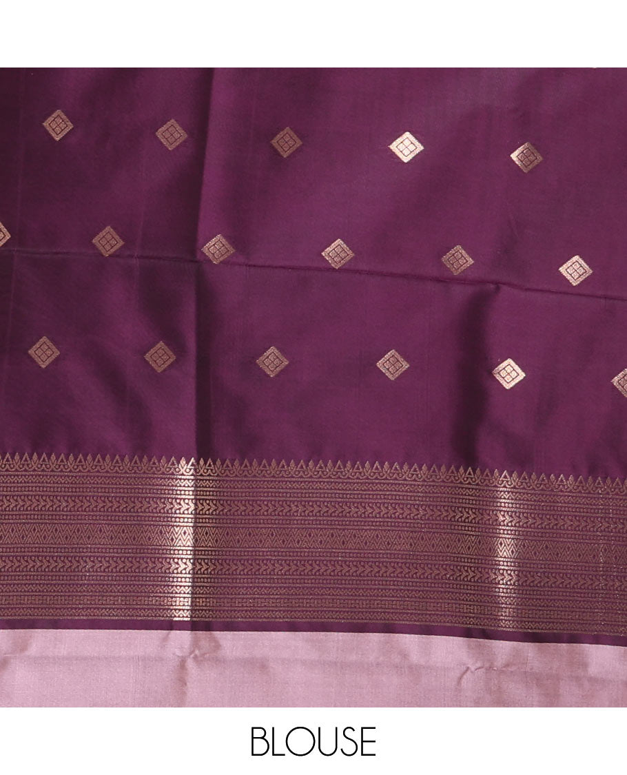 Light purple hummingbird zari buttas Mulberry silk saree, contrast hummingbird motifs temple border, intricate pallu, and contrast zari design blouse