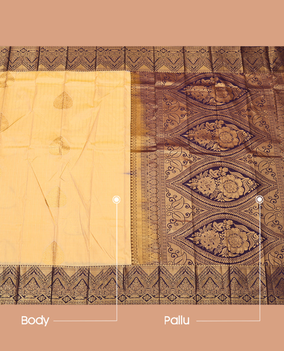 Sandal Budget Silk Saree, Sparsely Woven with Zari Buttas and Stripes, Complemented by a Contrast Traditional Zari Border, Intricately Designed Pallu, and a Contrast Blouse