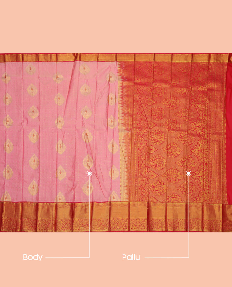 Pink Budget Silk Saree, Accentuated with Zari Buttas and Checks, a Contrast Traditional Zari Border, Grand Pallu, and a Contrast Blouse