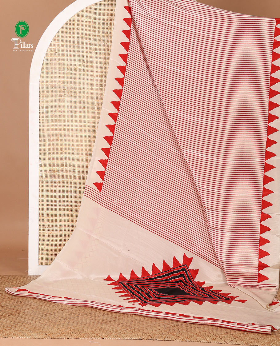 Cream & red vertical stripes printed turkey crepe saree, temple printed border, diamond motifs printed pallu & jaal printed blouse