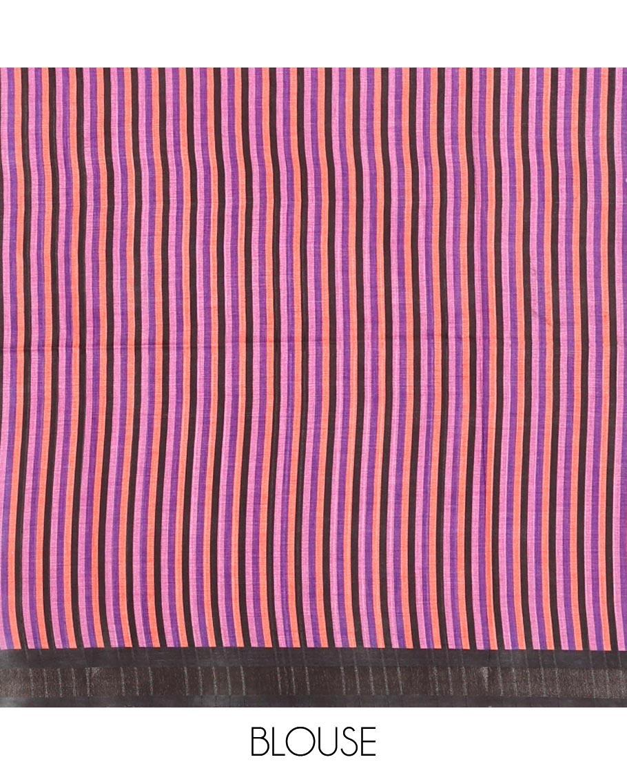 Metallic grey checked katan silk saree, contrast black-pink temple border, multi-color blocked pallu & stripes printed blouse