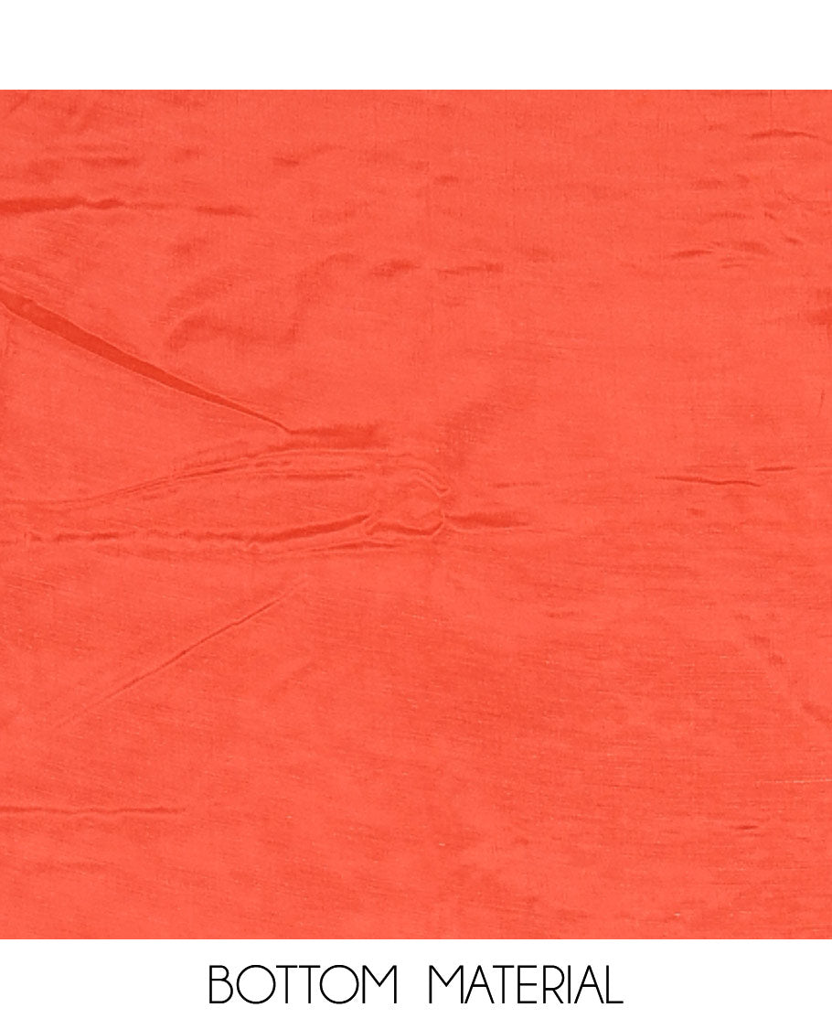 Neon orange material chudidar set, intricately printed with neck mirror work crepe top, Italian crepe bottom, and digital printed mirror work chinon dupatta