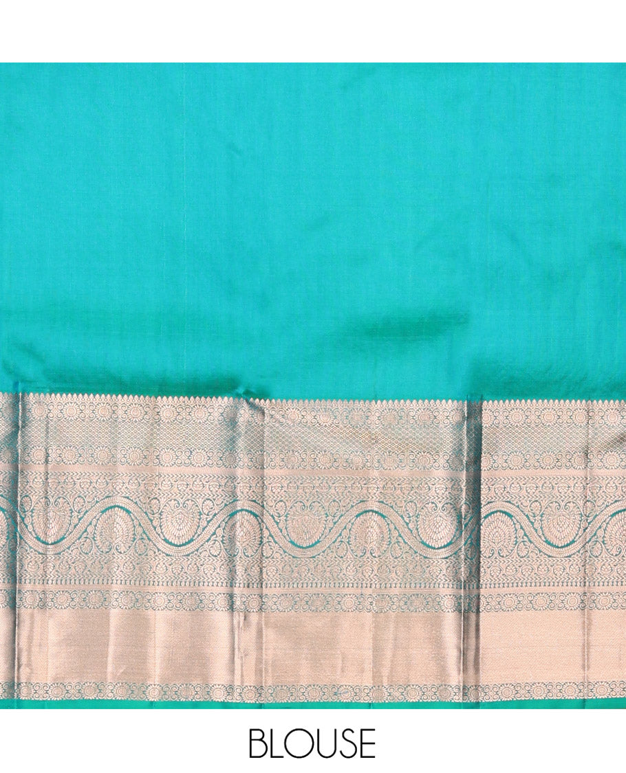 Blue Kanchipuram Wedding Silk Saree, Enriched with Jacquard Design on Its Body, Highlighted by Zari Border of Thilakam Mokku, Mayil Kann, Kathir, and Dhavana Kodi Designs, Grand Pallu, and Paired with a Matching Blouse