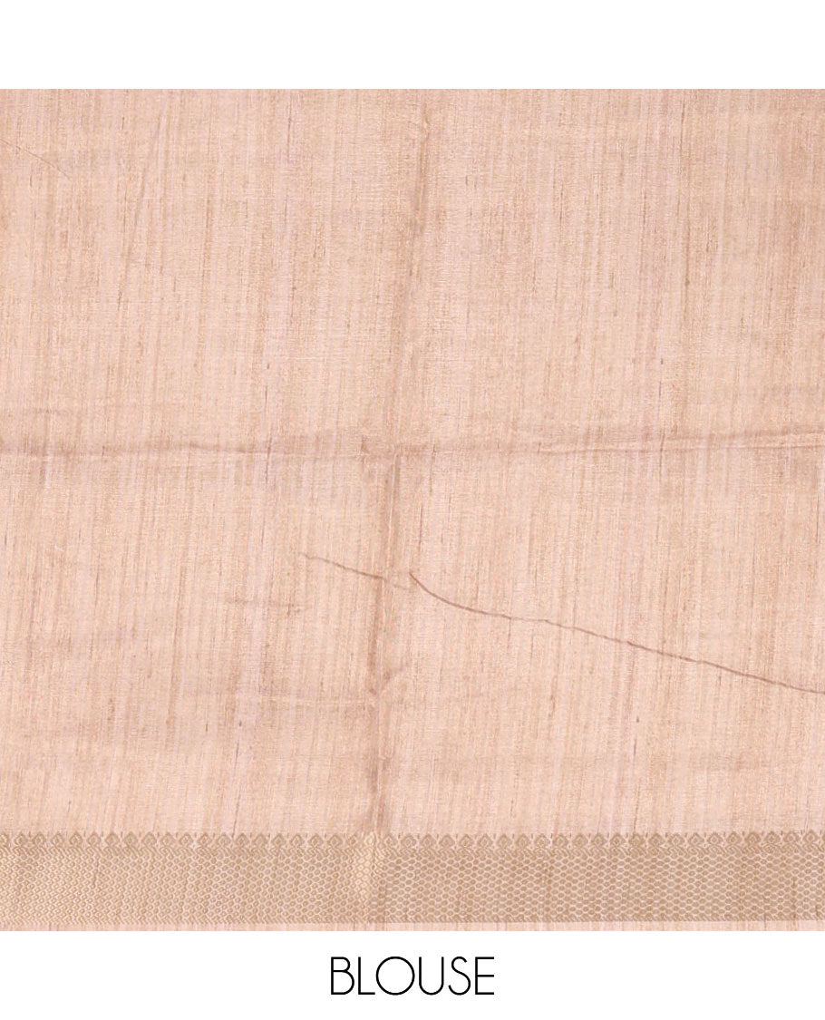 Chikku kalamkari-style floral & peacock printed katan silk saree, traditional zari border, striped pallu & matching blouse