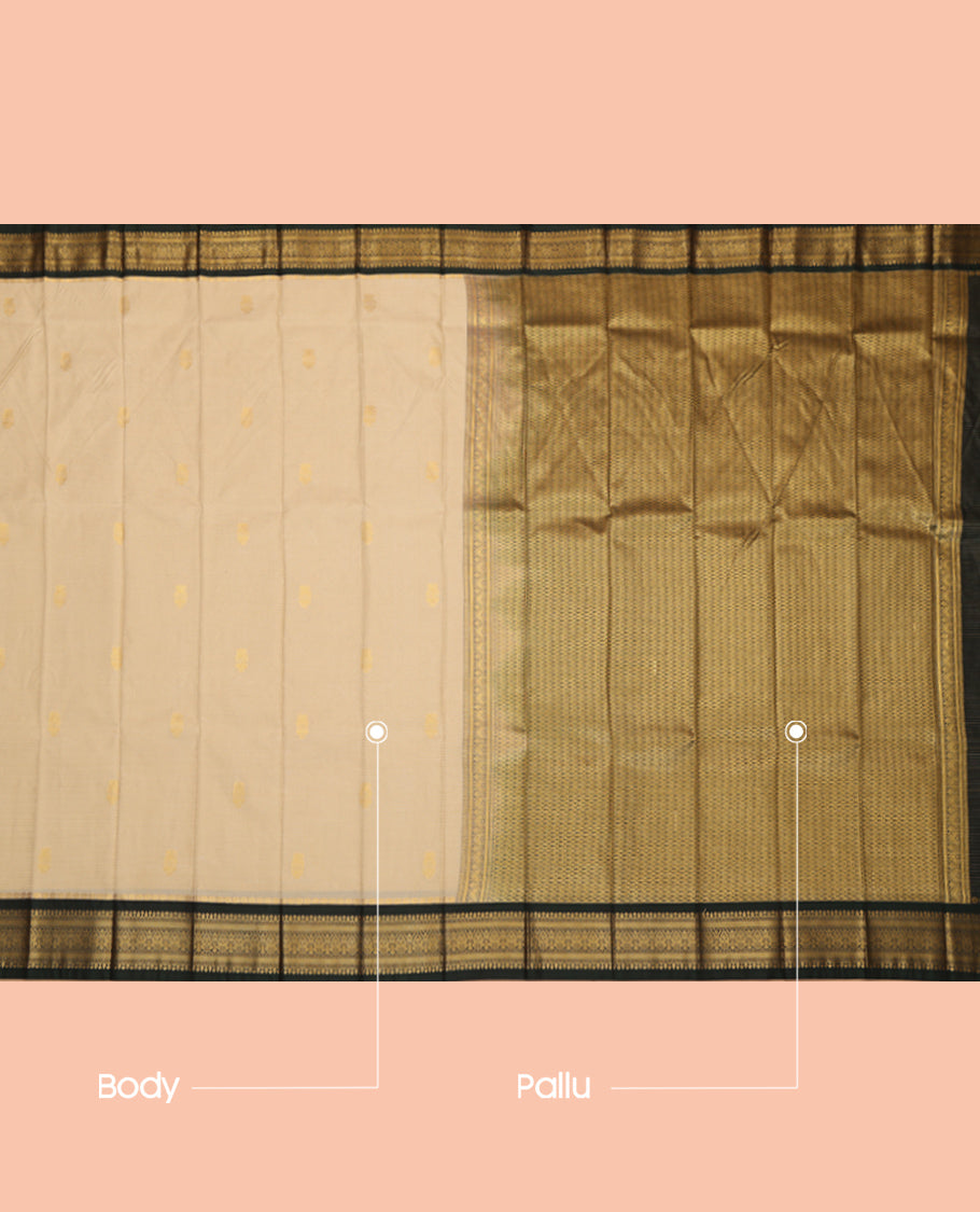 Sandal Budget Silk Saree, Highlighted by Zari Buttas and Stripes, Complemented by Contrast Traditional Zari Border, a Jaal Pallu and a Contrast Blouse