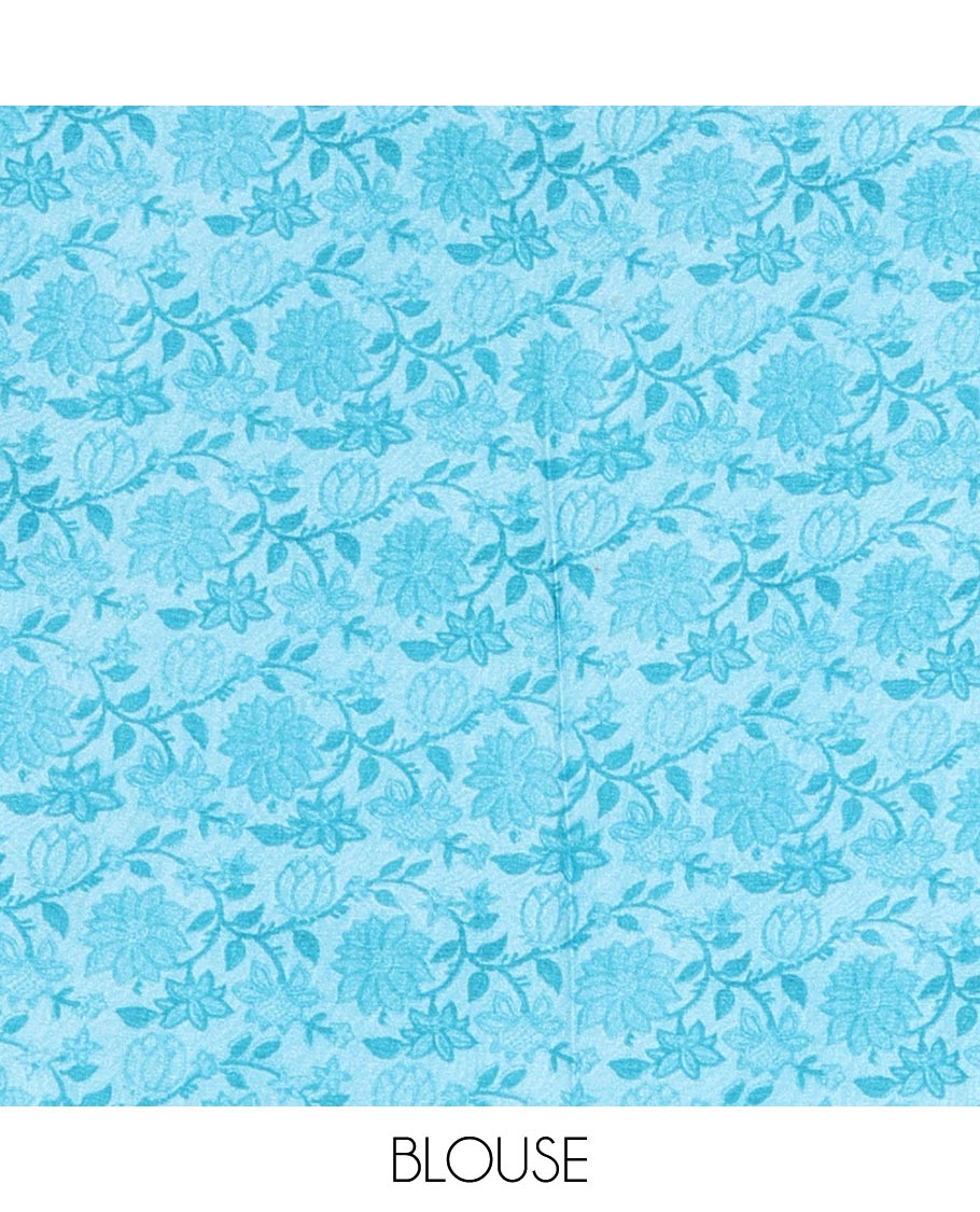 Blue leheriya style hand brush printed satin crepe saree, contrast border, plain pallu, and floral vine printed blouse