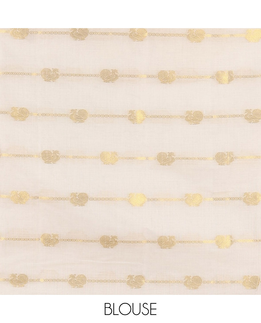 Borderless cream-ramar blue peacock and horizontal zari striped Kerala cotton saree, self-pallu with tassels, and a matching blouse