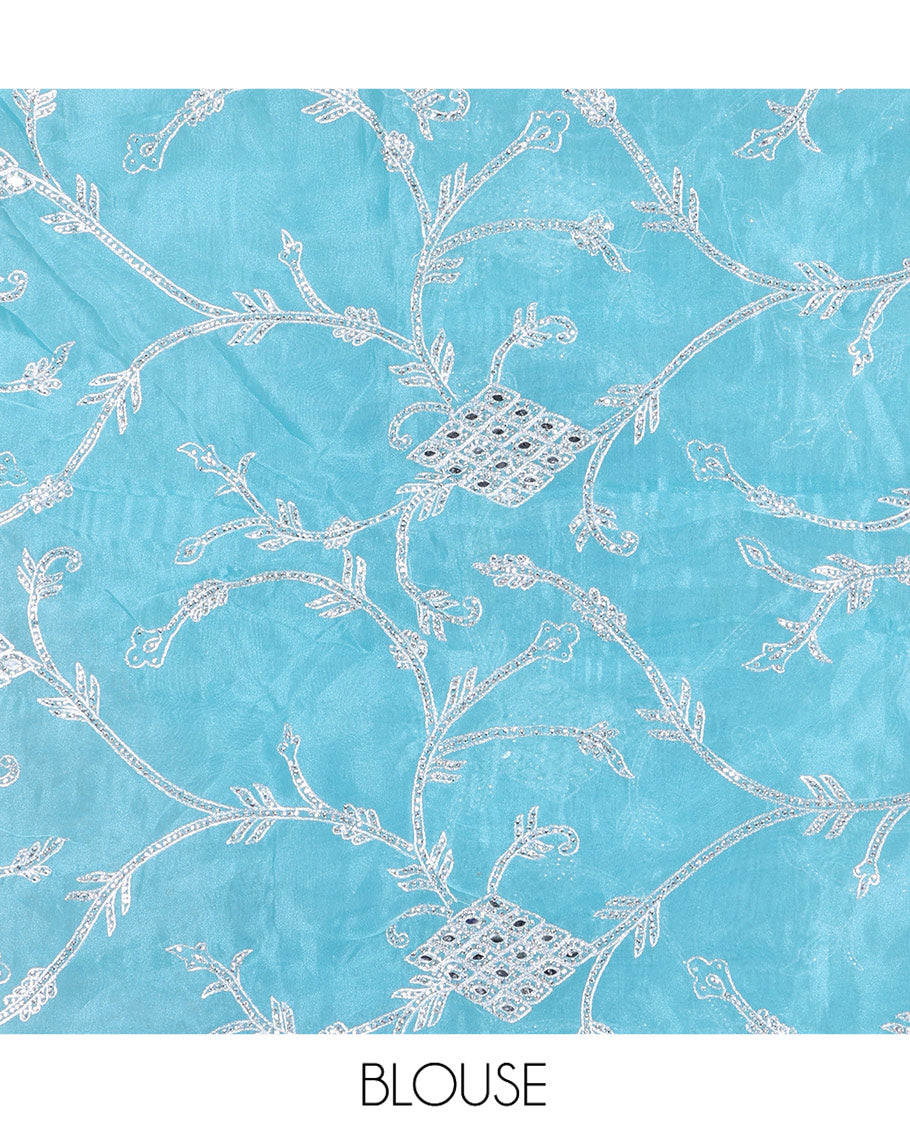 Pale Blue Designer Saree, Richly Detailed with Floral-Jaal Style Mixed Embroidery on Its Body, Highlighted by Jaal-Patterned Scallop Embroidered Border, Self-Design Pallu, and Paired with a Heavy Embroidered Matching Blouse