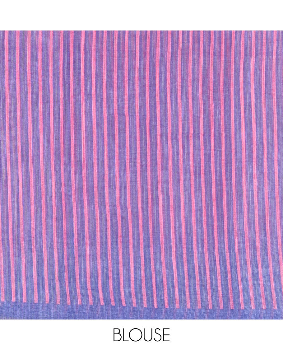 Pink small thread buttas linen cotton saree, contrast temple zari piping border, striped pallu and a contrast blouse