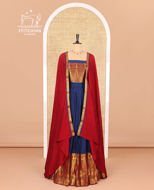 Blue half-saree, plain with big contrast traditional zari motifs steeped border skirt, matching blouse and a plain zari border contrast dhavani