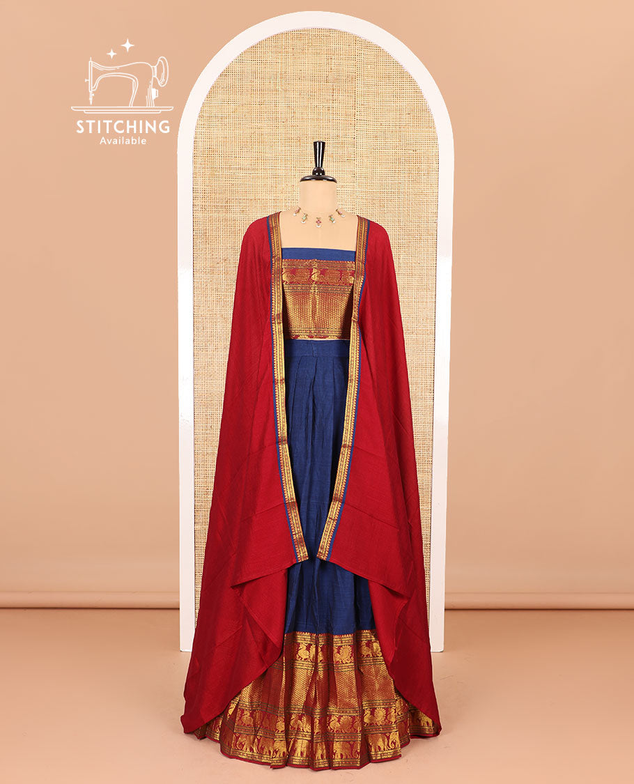 Blue half-saree, plain with big contrast traditional zari motifs steeped border skirt, matching blouse and a plain zari border contrast dhavani