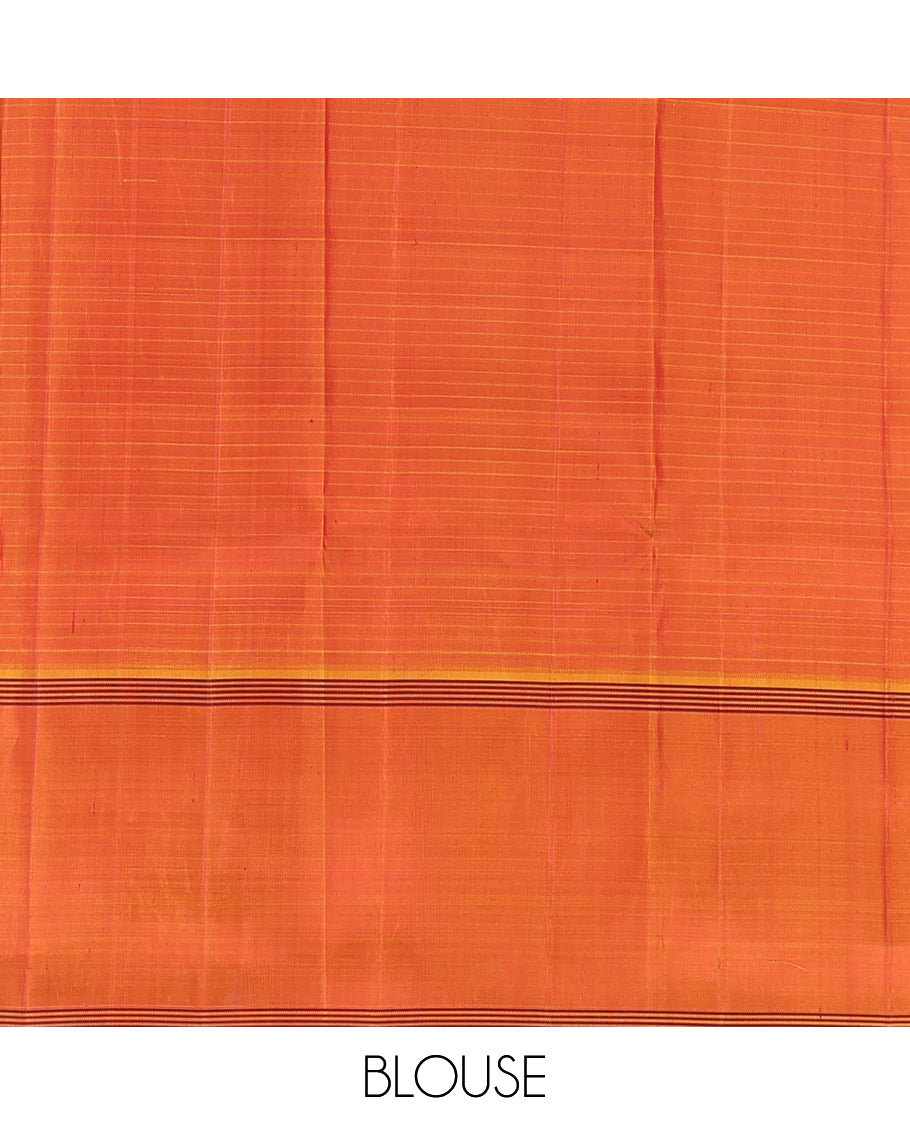 Red Muthu Kattam Kanchipuram Silk Saree, Complemented by Contrast Bodi Border, Striped Pallu, and a Contrast Blouse