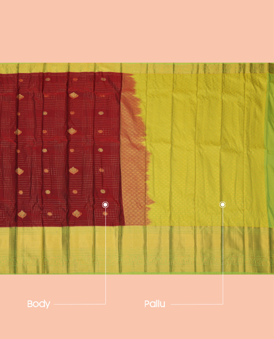 Maroon Budget Silk Saree, Woven with Zari Buttas, a Contrast Traditional Zari Border, Grand Pallu, and a Contrast Blouse