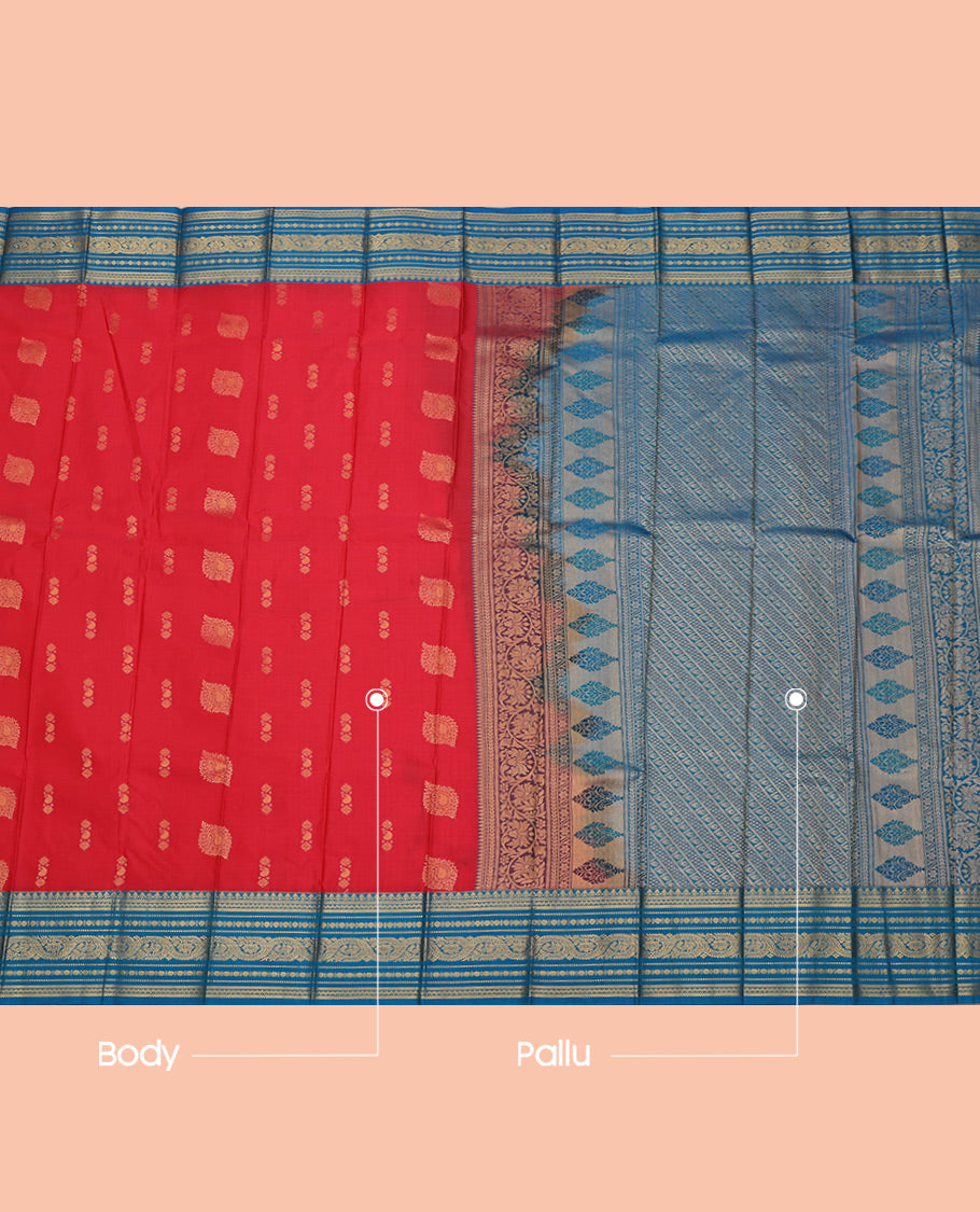 Red Budget Silk Saree, Graced with Zari Buttas All Over Its Body, Complemented by a Contrast Traditional Zari Border, Grand Geometric-Patterned Pallu, and Paired with a Contrast Blouse