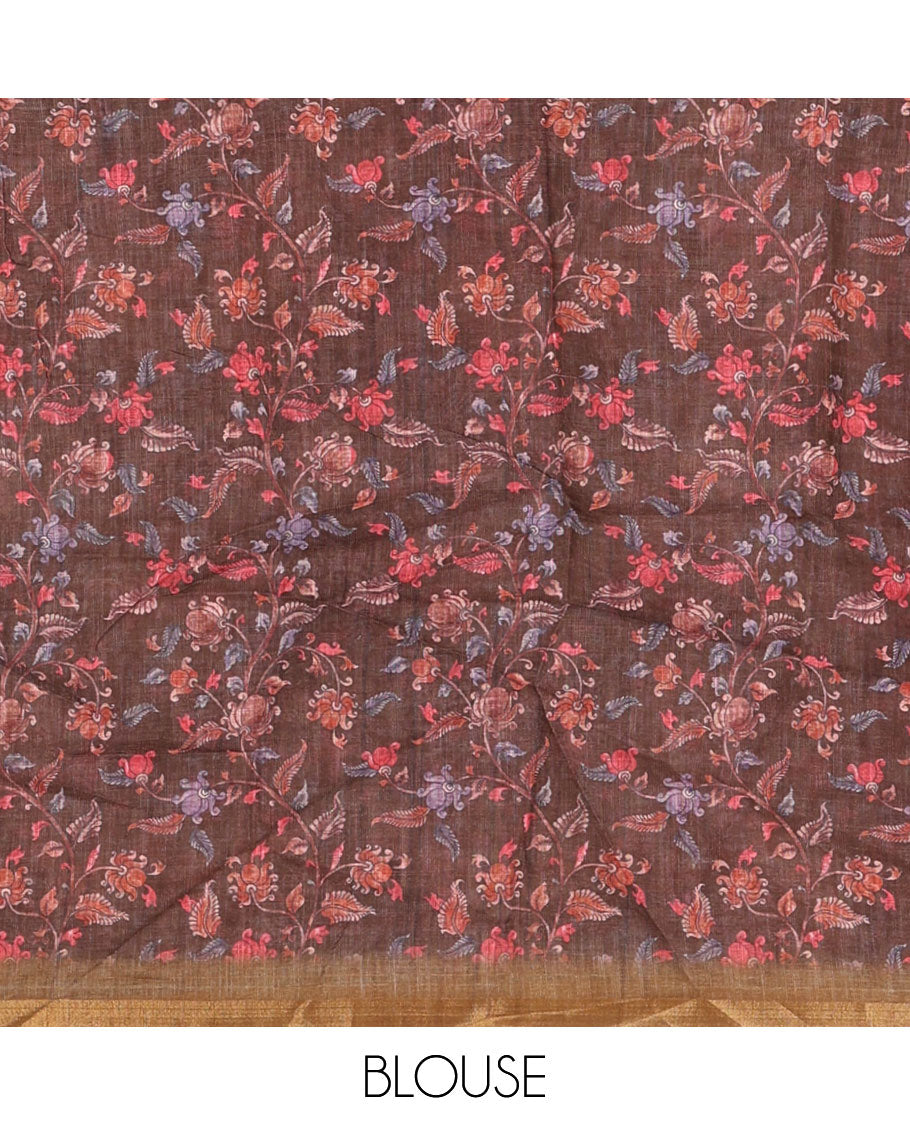 Brown zig-zag stripes printed linen cotton saree, piping zari border, kalamkari floral-peacock printed pallu & contrast printed blouse