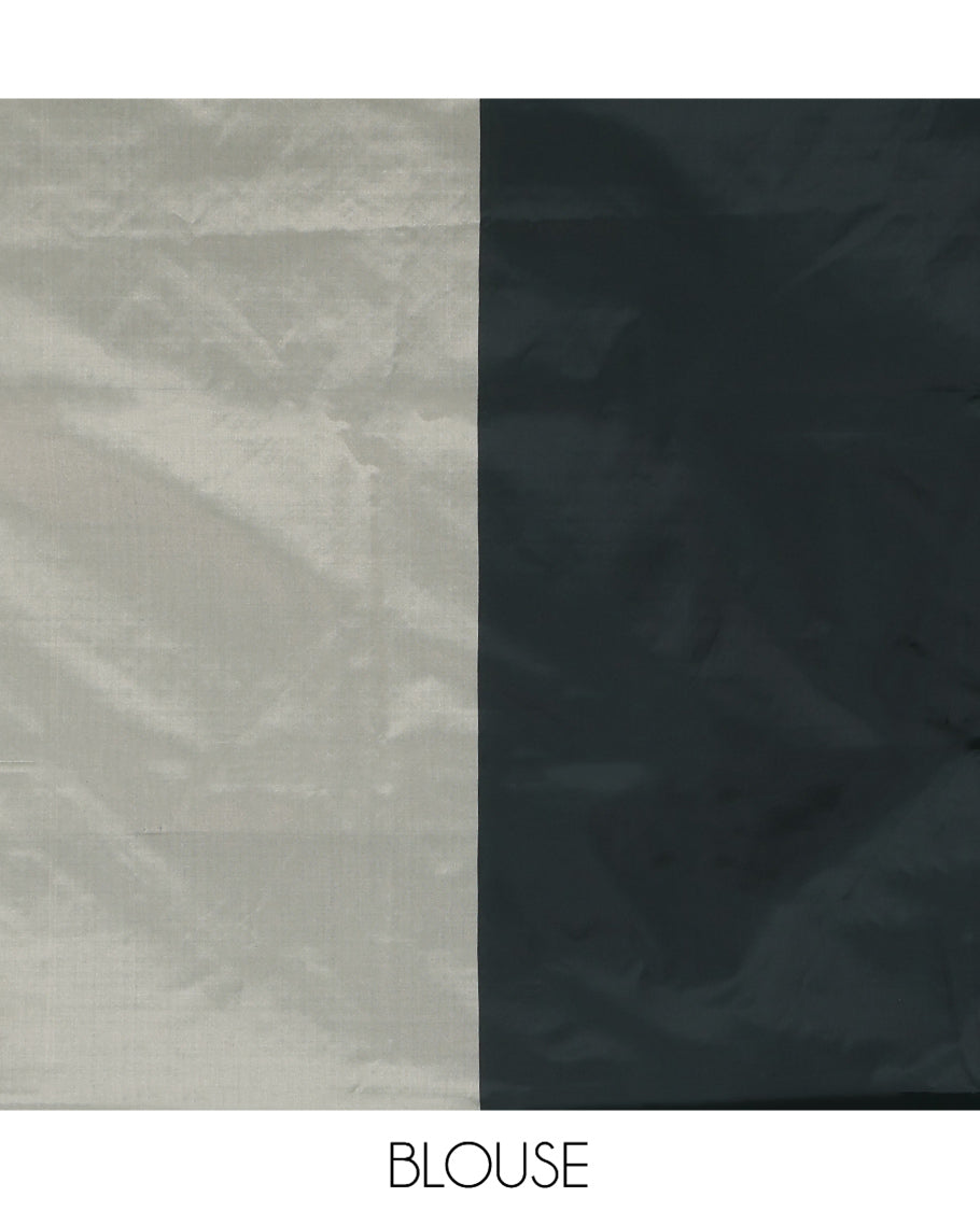 Borderless Grey-Green Arani Saree, Crafted with Zari Stripes, a Self-Pallu, and a Matching Blouse