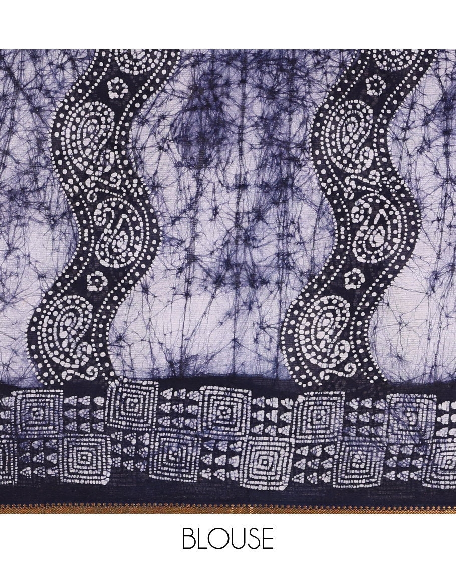 Navy blue batik-printed sungudi cotton saree, mango zari small border, batik-printed pallu & running blouse