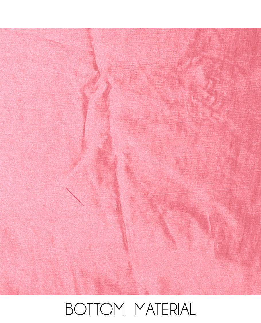 Pink material chudidar set, stone work moss organza top, a matching bottom, and scallop stone work moss organza dupatta