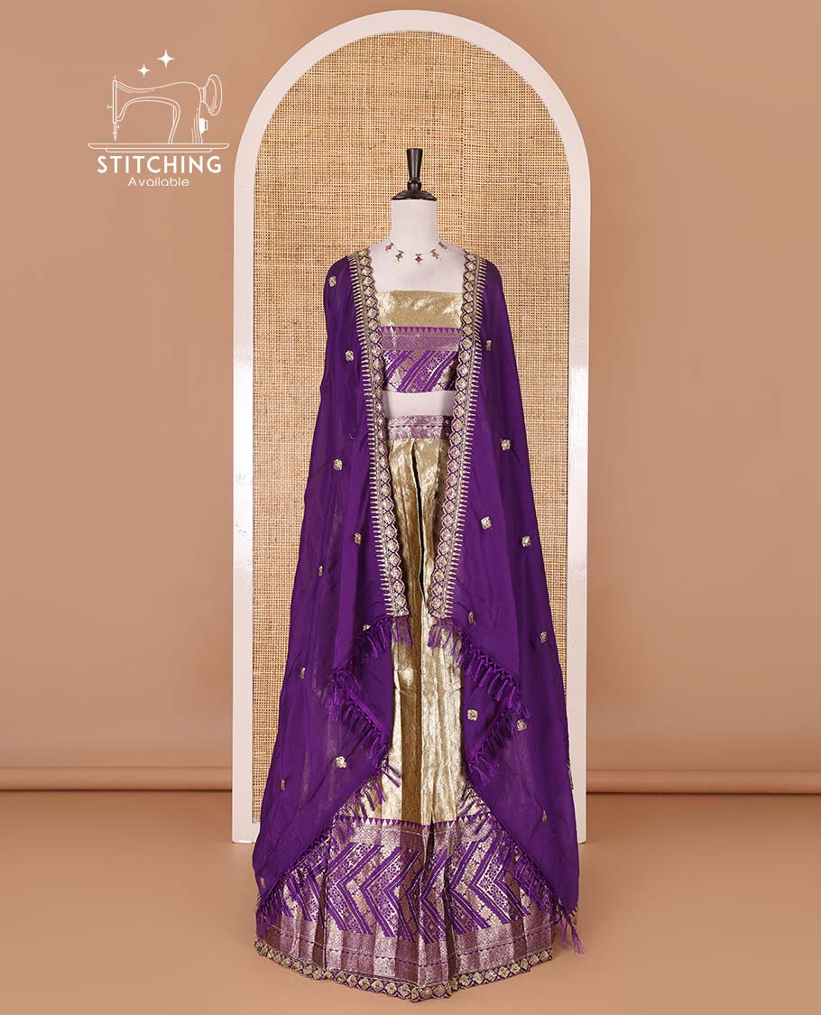 Gold banaras half saree, ogee skirt, contrast violet traditional zari border, matching blouse, and Syska georgette embroidered dhavani