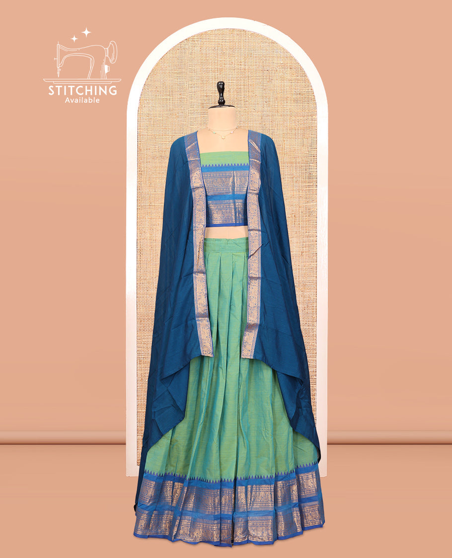 Aqua Cotton Half-Saree Features Plain Skirt, a Contrast Traditional Zari Temple Border, a Matching Blouse, and a Contrast Dhavani