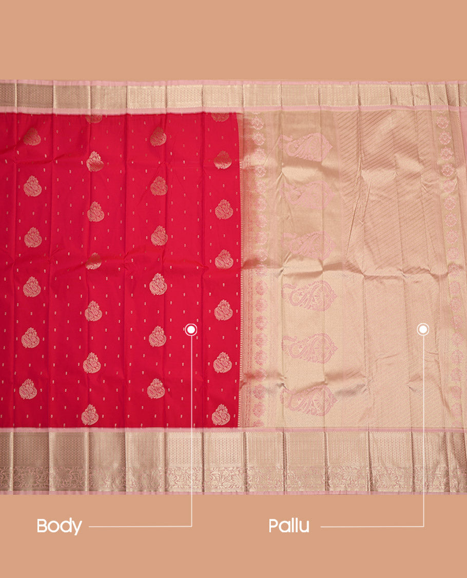Pink Budget Silk Saree, Featuring Zari Buttas on Its Body, Complemented by a Contrast Traditional Zari Design Border, Pallu of Diagonal Stripes and Paisleys, and Paired with a Contrast Blouse