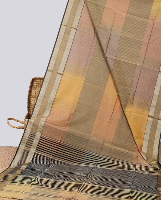 Multi-colored striped maheshwari cotton saree with contrast intricate zari border & checked zari pallu