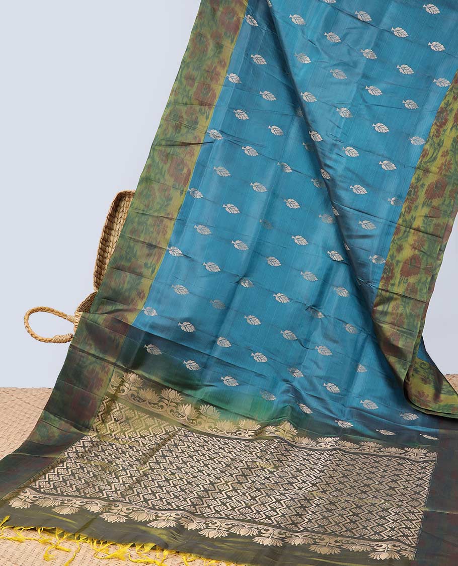 Blue floral motifs semi-soft silk sare with contrast floral border & pallu of ogee pattern