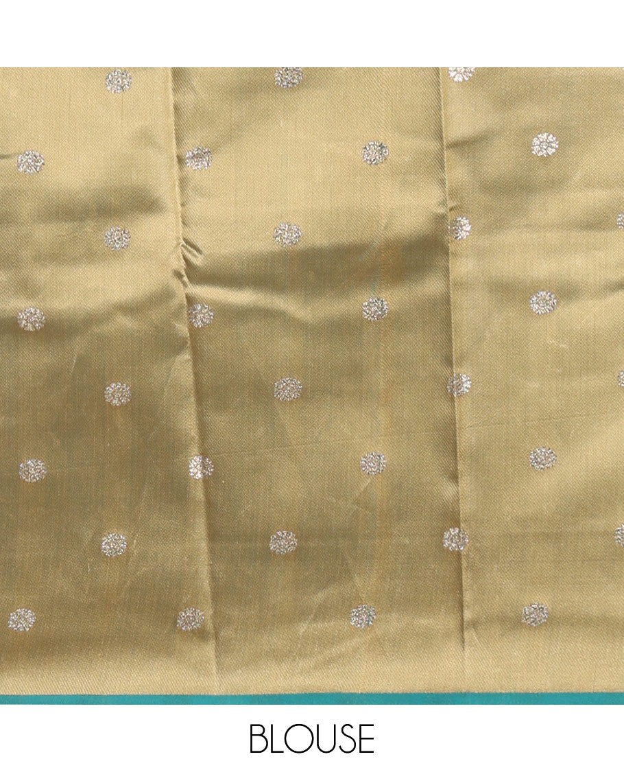 Lemon yellow zari & thread buttas woven tissue silk saree, contrast muniya temple border, paithani-style design pallu & contrast zari buttas blouse